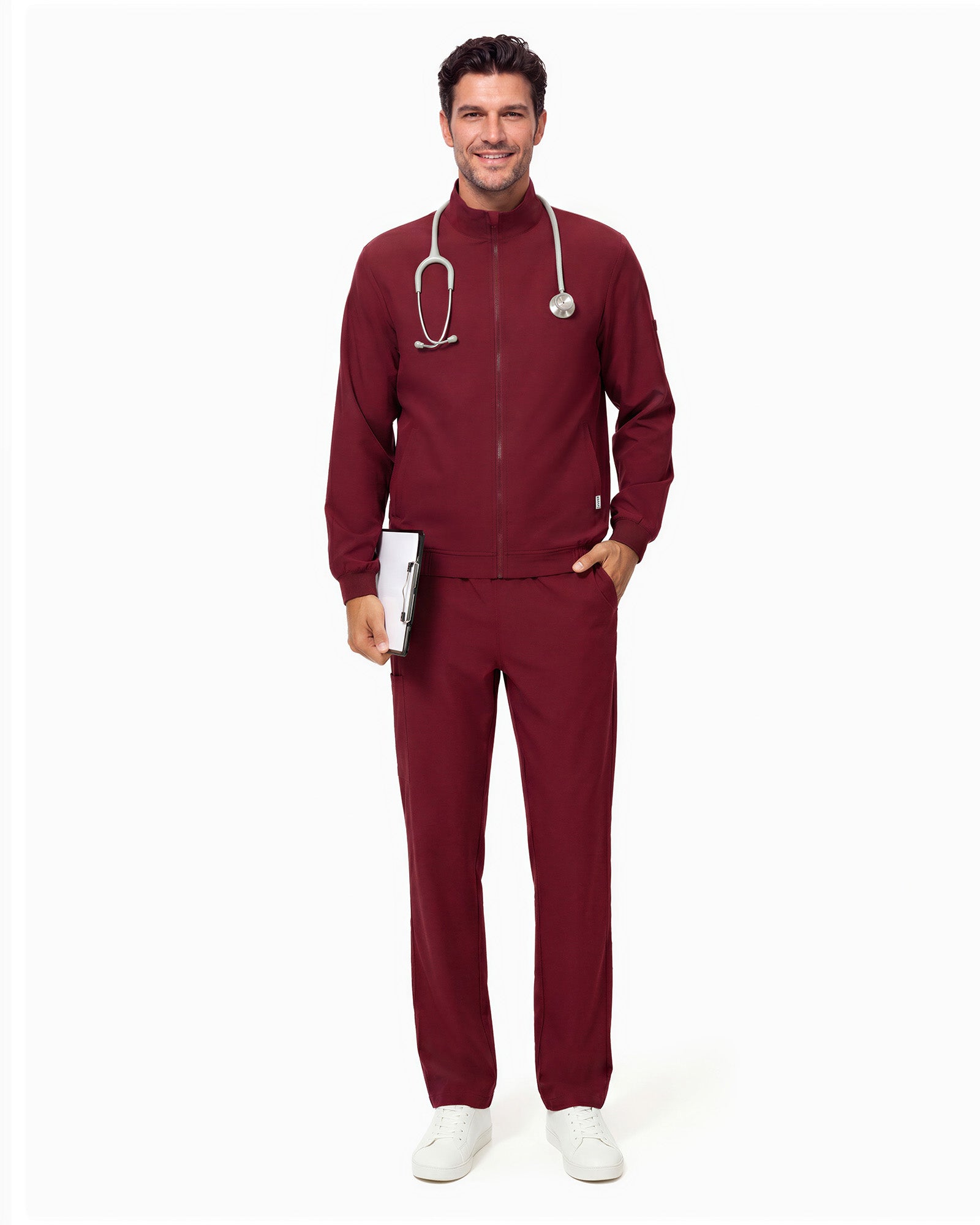 JelriSoFit set quirúrgico de 3 piezas para hombre Vino, vista frontal de cuerpo completo
